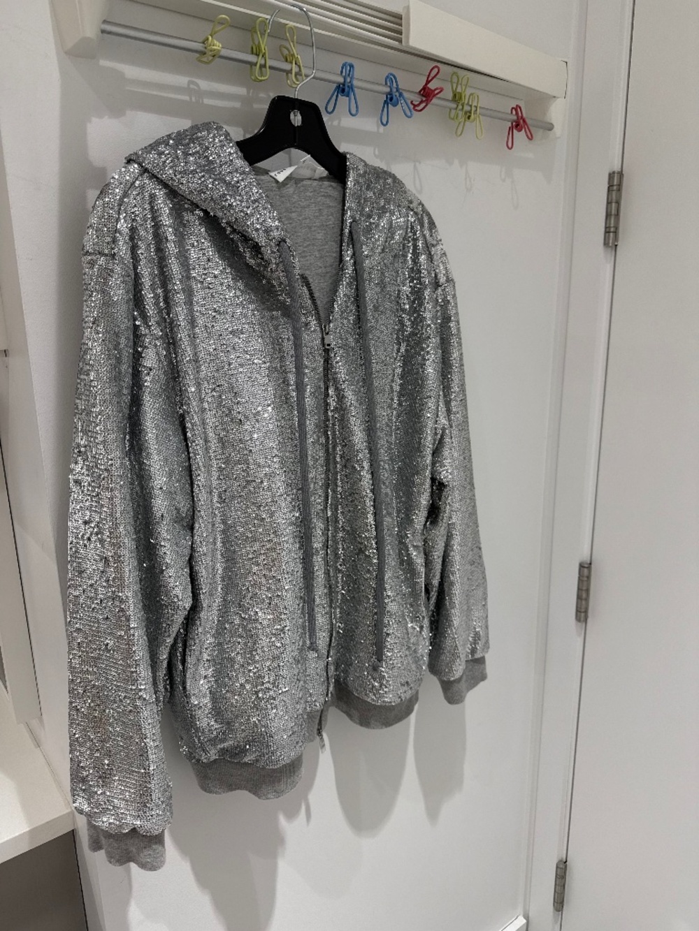Robert Rodriguez silver sequin hooded knit jacket